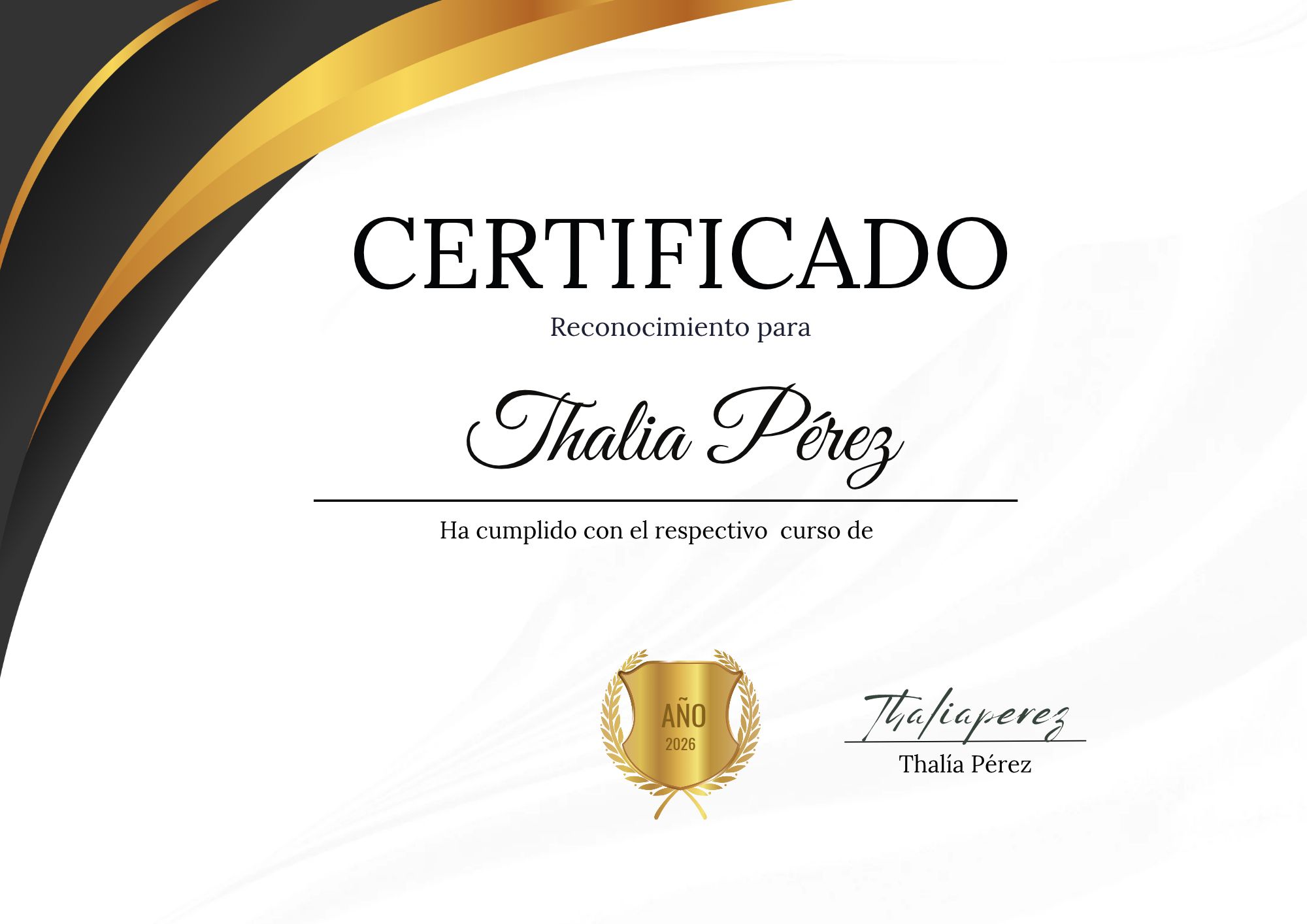 Modelo del certificado que Thalia entrega al finalizar los cursos online, con borde decorativo dorado y sello