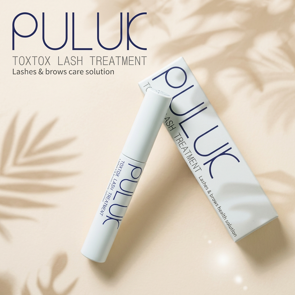 Sérum Puluk ToxTox Lash Treatment con su caja sobre fondo beige