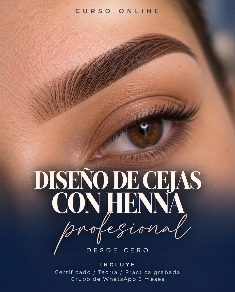 Portada del curso online de Diseño de cejas con henna: primer plano de la mirada y el temario que incluye