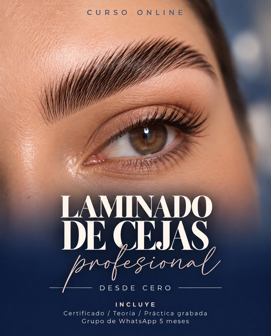 Portada del curso online de Diseño de cejas con laminado y tinte: primer plano de la mirada y el temario que incluye
