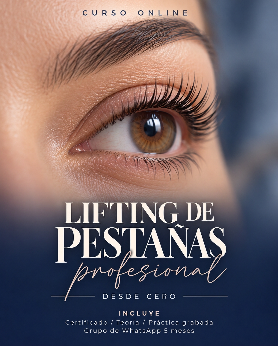 Portada del curso online de Lifting de pestañas: primer plano de la mirada y el temario que incluye